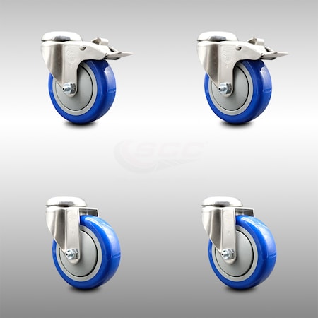 Service Caster 4 Inch 316SS Blue Polyurethane Swivel Bolt Hole Caster Set with 2 Lock Brake SCC-SS316BHTTL20S414-PPUB-BLUE-2-S-2